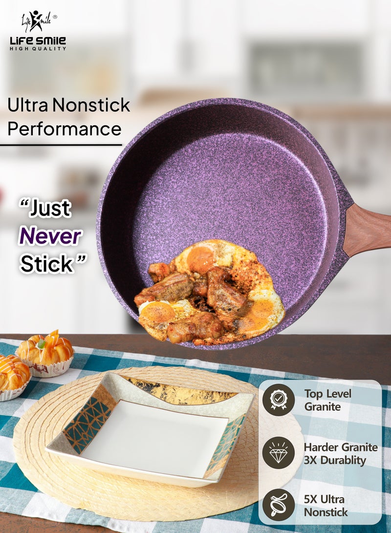 28cm (3 Liter) LIFE SMILE Granite Coated Smart Fry Pan With Lid - Multi Layer Granite Non Stick Coating Pan | Heat-Resistant Handle Hanging Loop | 100% PFOA FREE | induction base