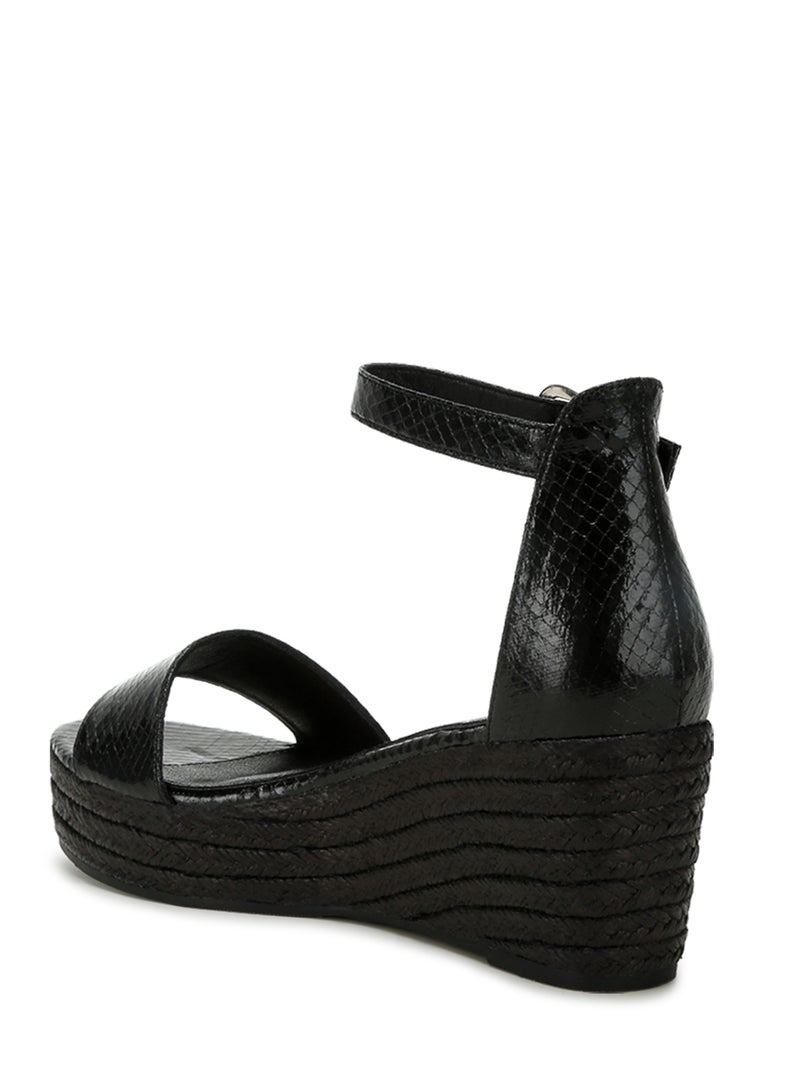 Faux Leather Snake Wedge Espadrilles in Black