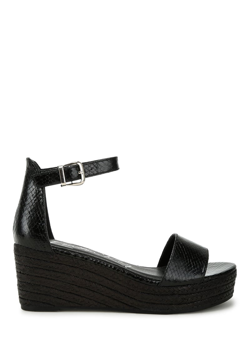 Faux Leather Snake Wedge Espadrilles in Black