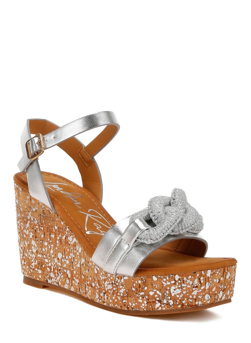 Chain Link Detail Wedge Sandals in Silver