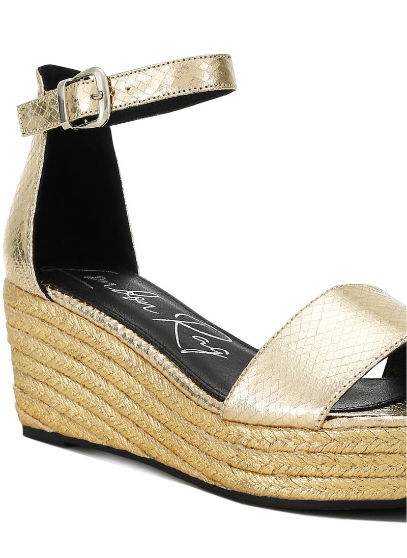 Faux Leather Snake Wedge Espadrilles in Gold