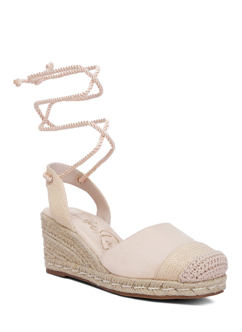 Lace-Up Crochet Espadrilles in Beige