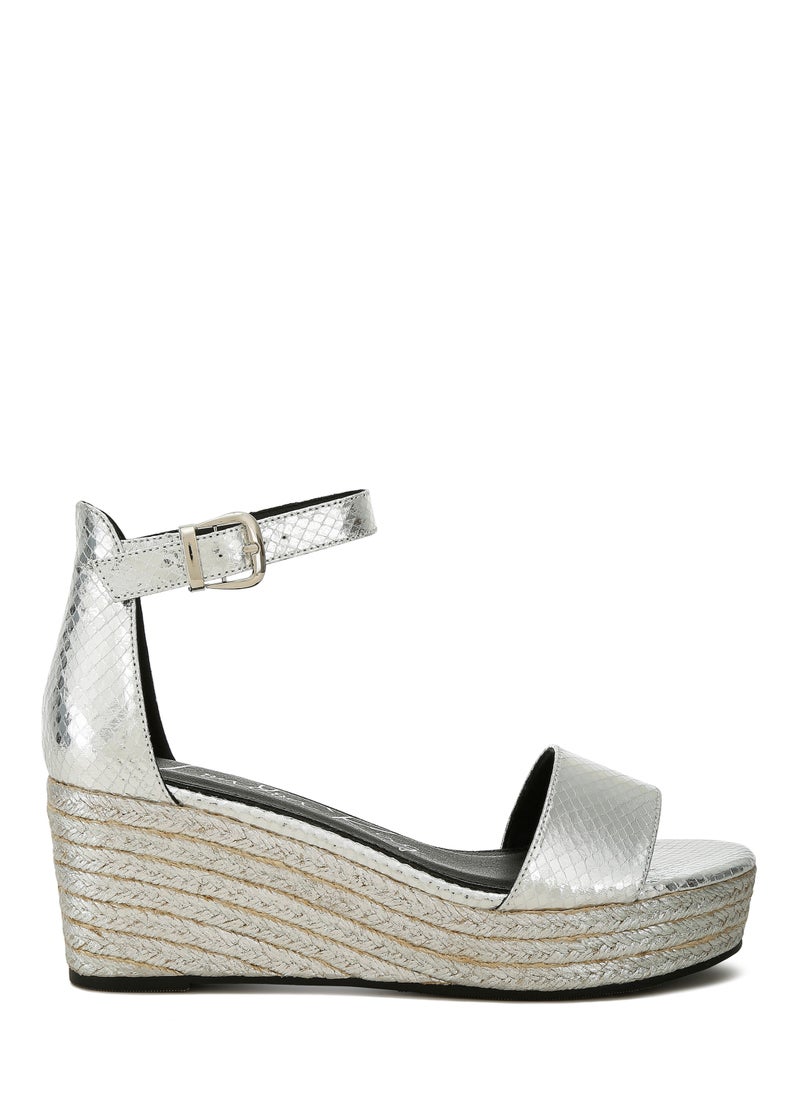 Faux Leather Snake Wedge Espadrilles in Silver