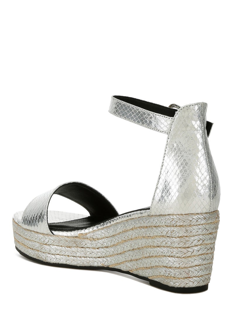 Faux Leather Snake Wedge Espadrilles in Silver