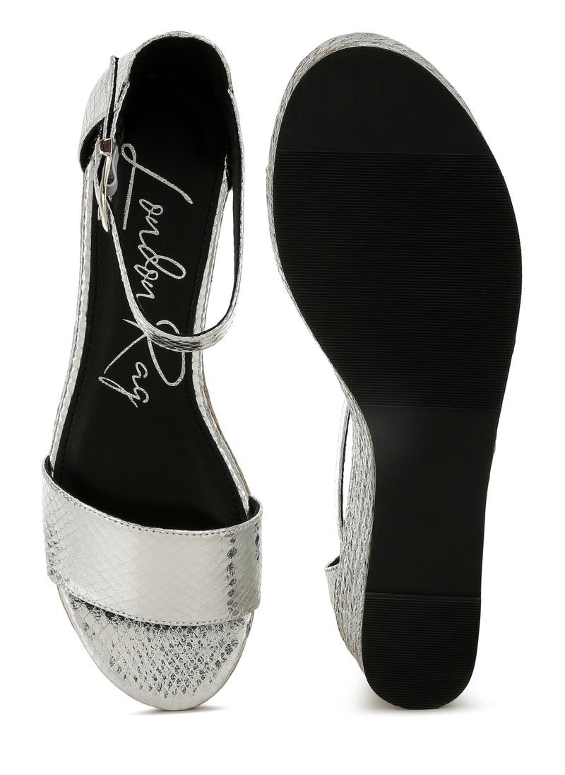 Faux Leather Snake Wedge Espadrilles in Silver