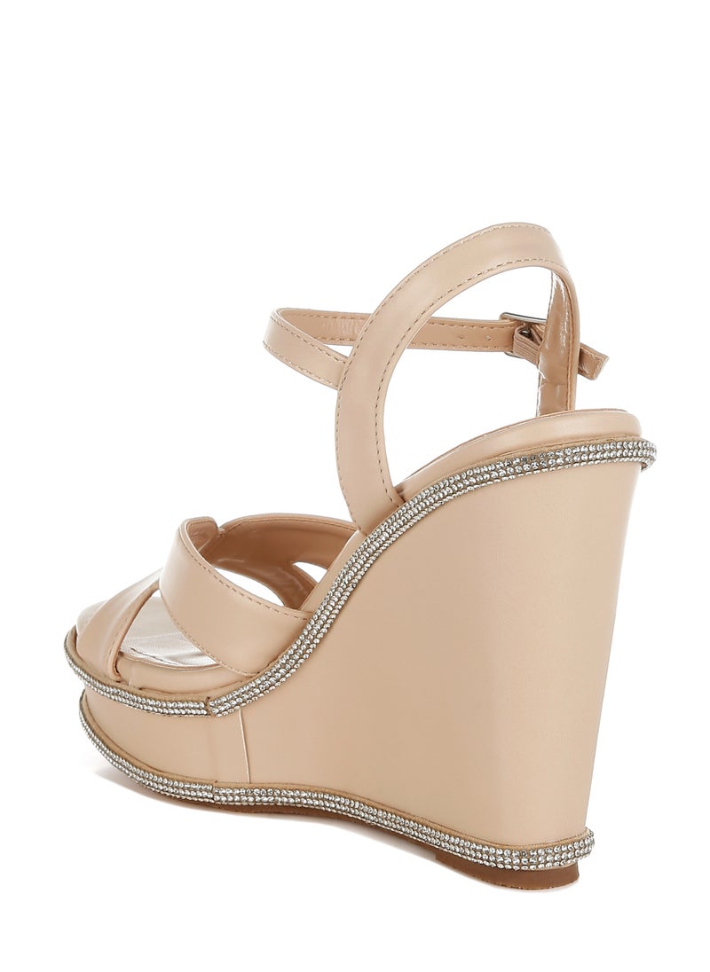 Rhinestones Embellished Wedge Sandals in Beige