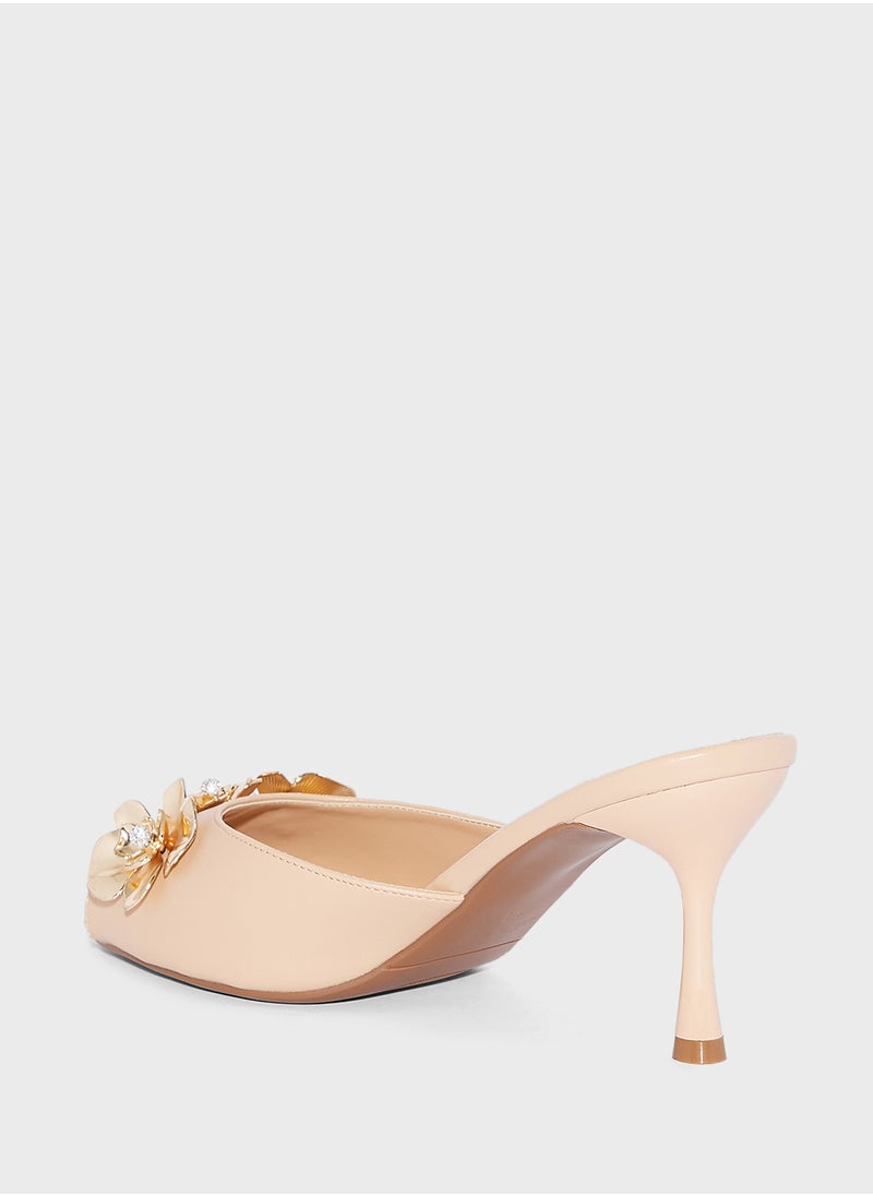 Diamante Floral Trim Mule Heel Sandal