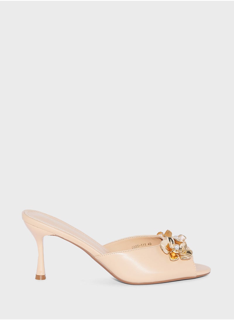 Diamante Floral Trim Mule Heel Sandal