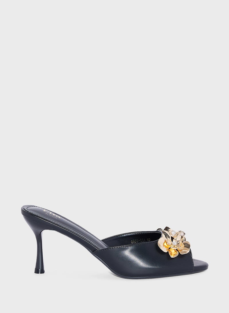 Diamante Floral Trim Mule Heel Sandal