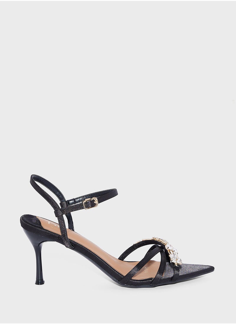 Pointy Jeweled Ankle Strap Heel Sandal