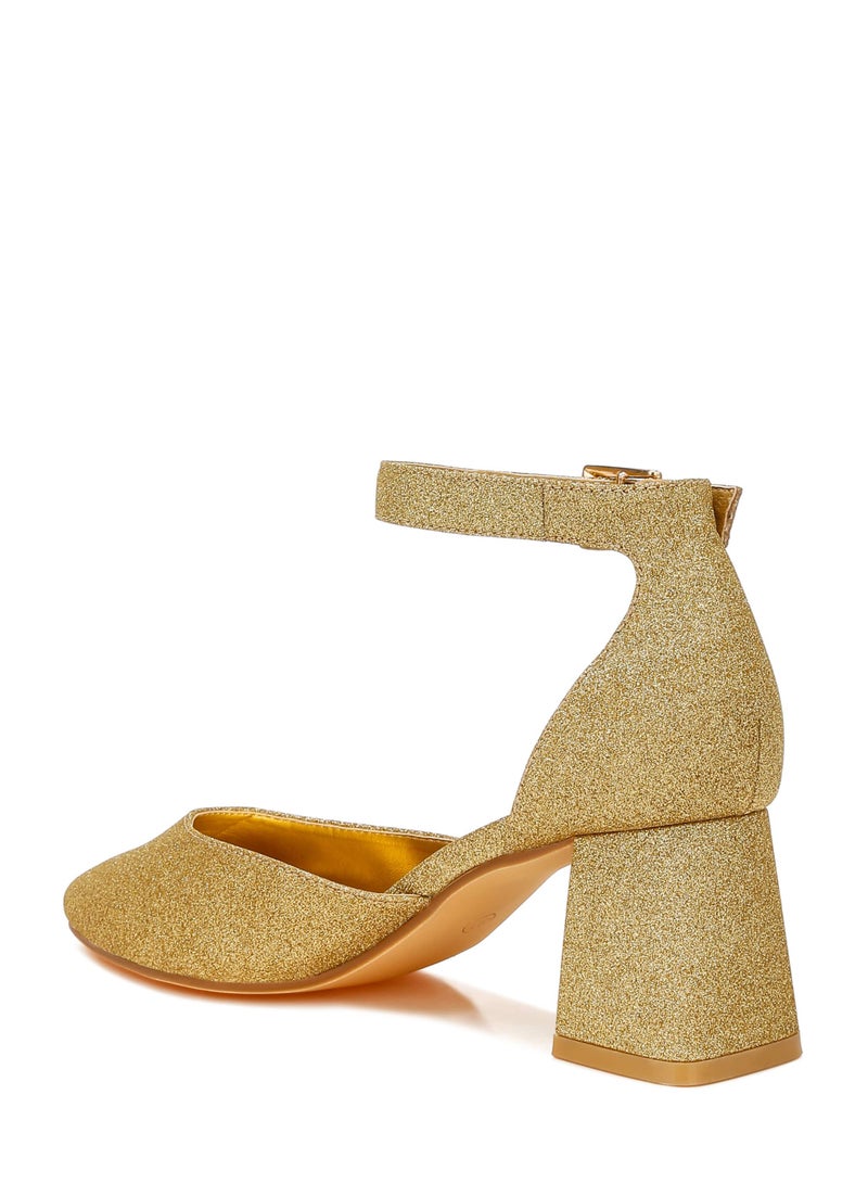 Glitter Block Heel Sandals in Gold