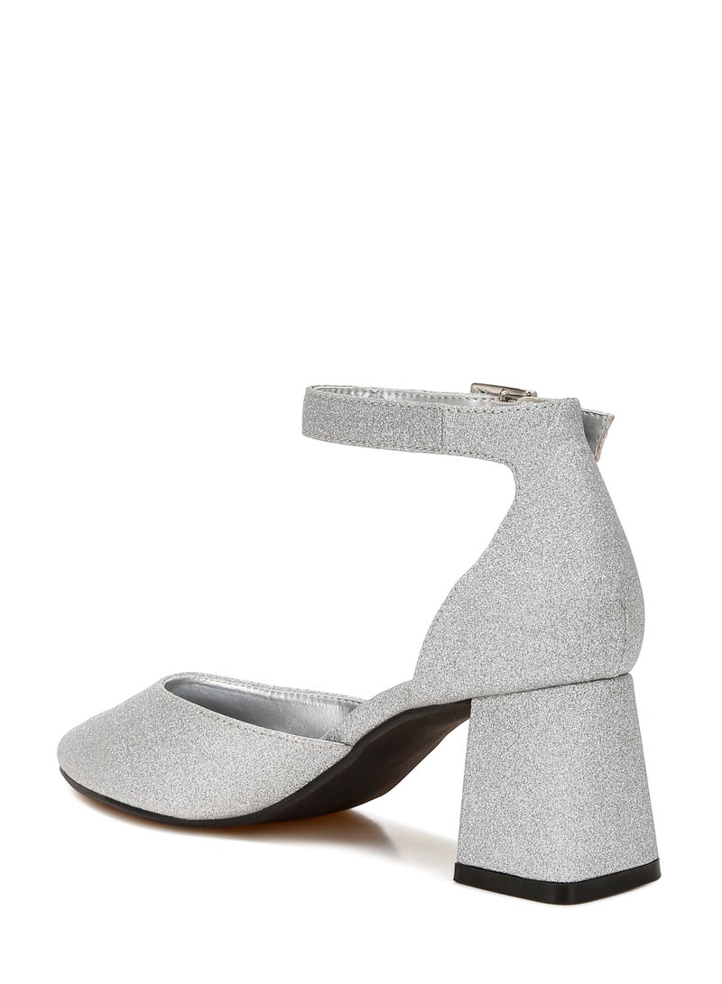 Glitter Block Heel Sandals in Silver