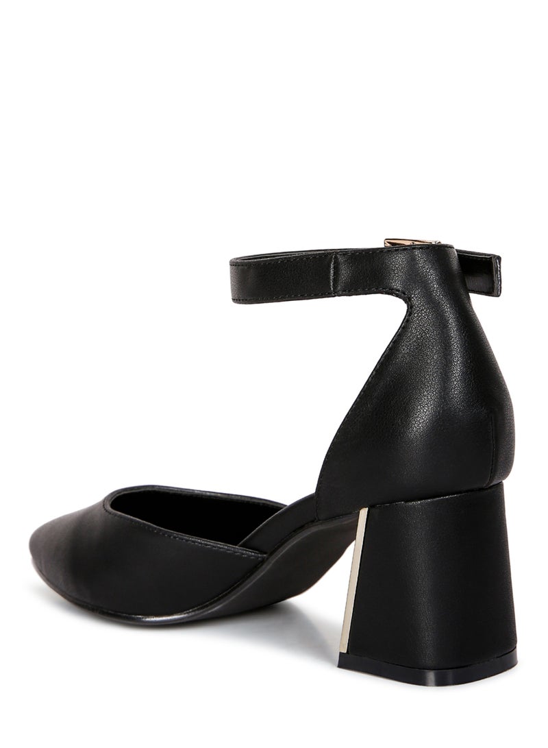 Black Faux Leather Metallic Accent Heeled Sandals