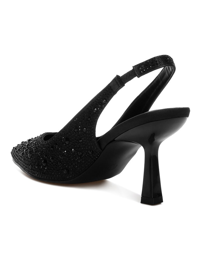 Black Luxurious Satin Pearl Slingback Sandals