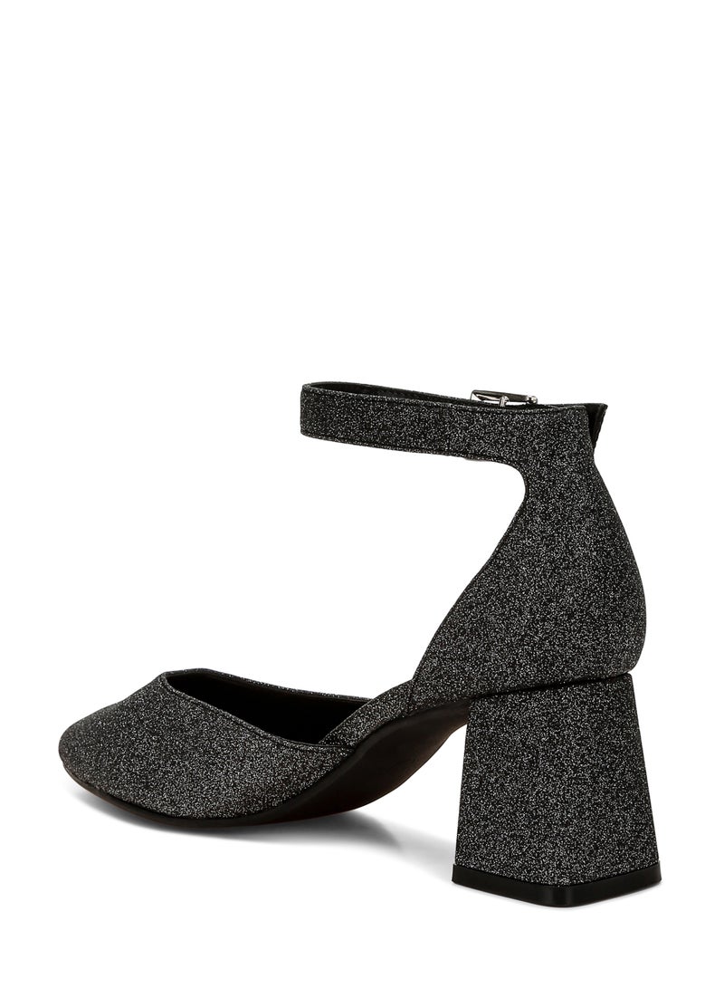 Glitter Block Heel Sandals in Black