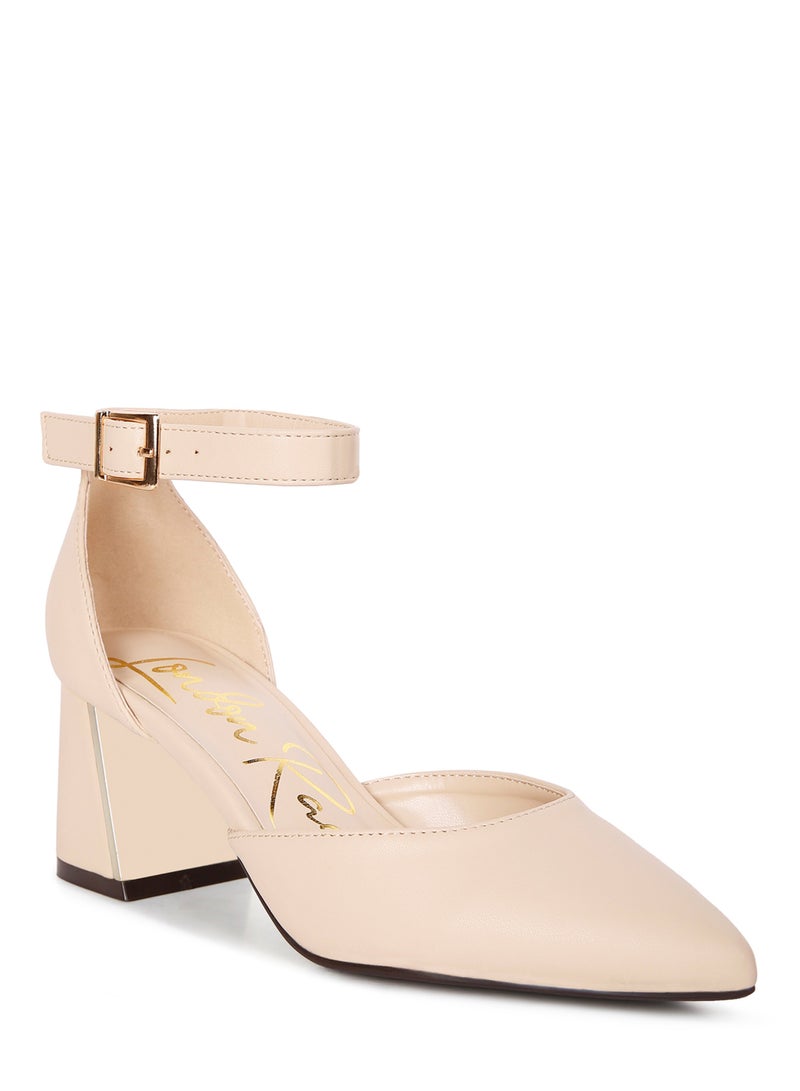 Beige Faux Leather Metallic Accent Heeled Sandals