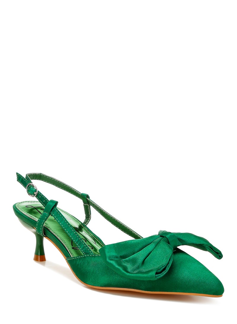 Satin Bow Slingback Sandals in Green