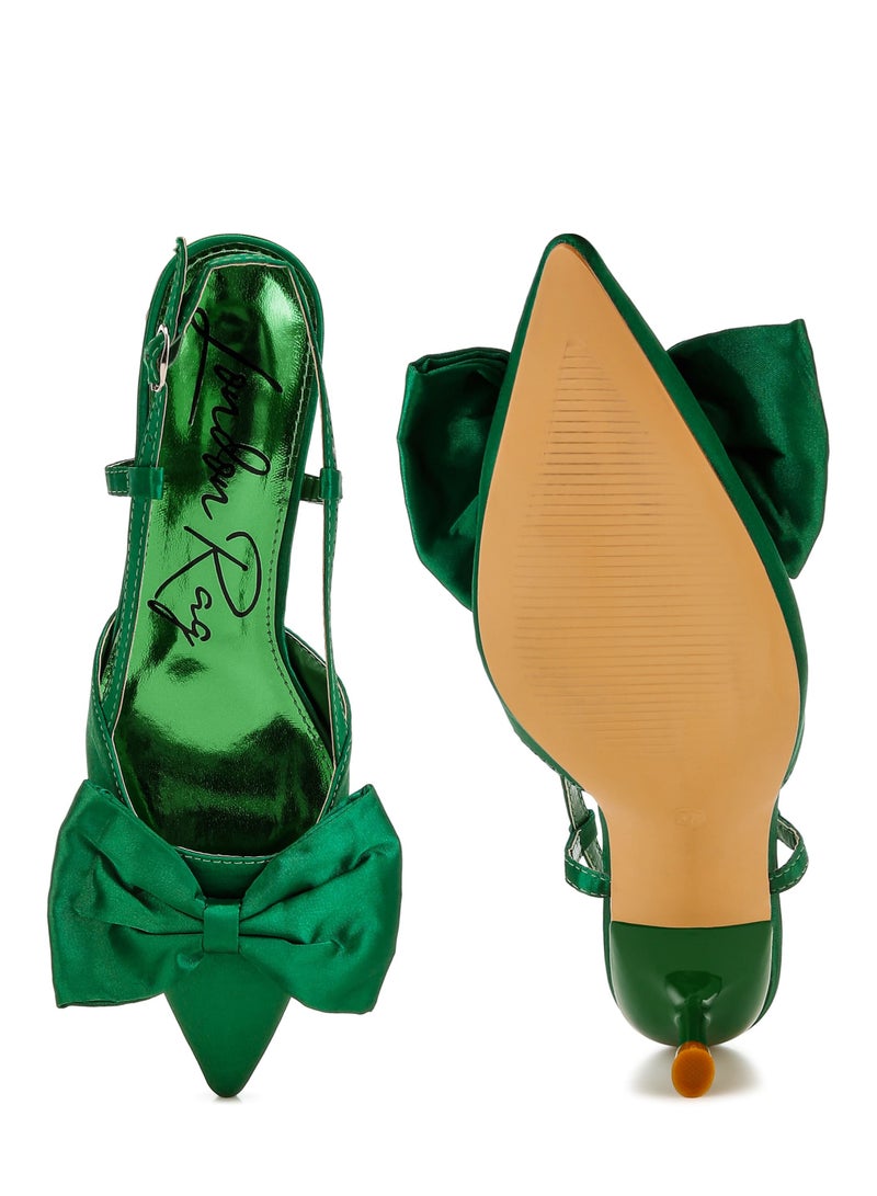 Satin Bow Slingback Sandals in Green