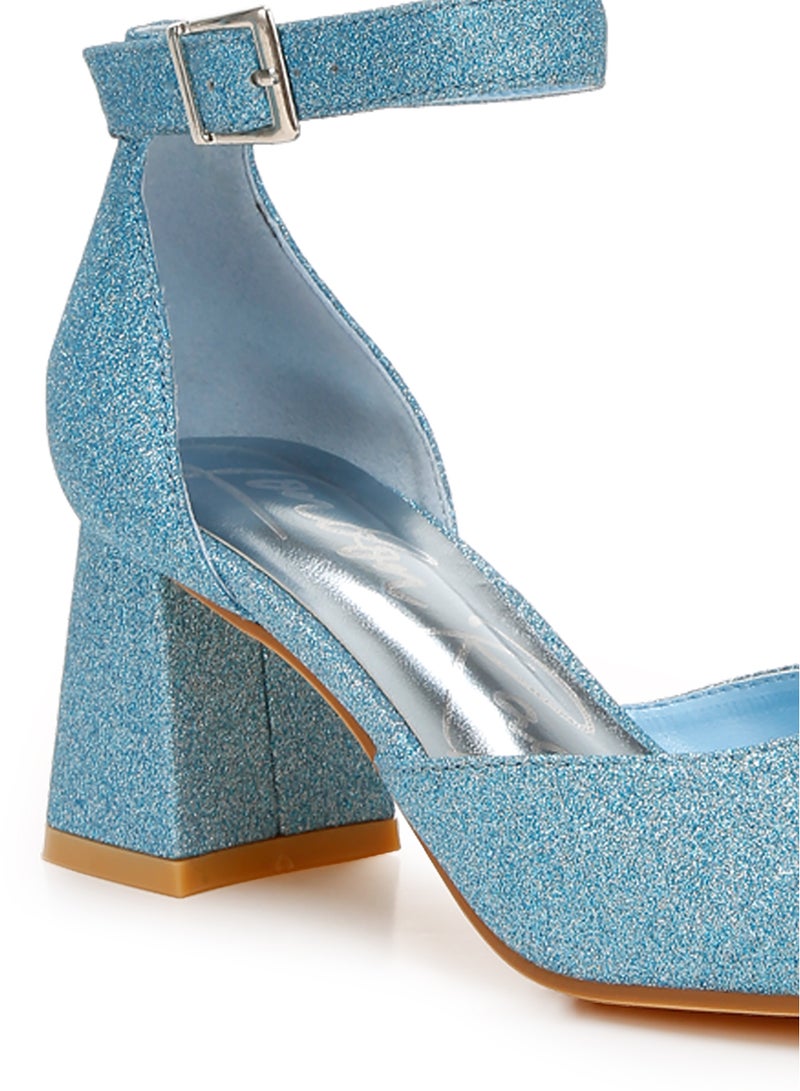 Glitter Block Heel Sandals in Blue