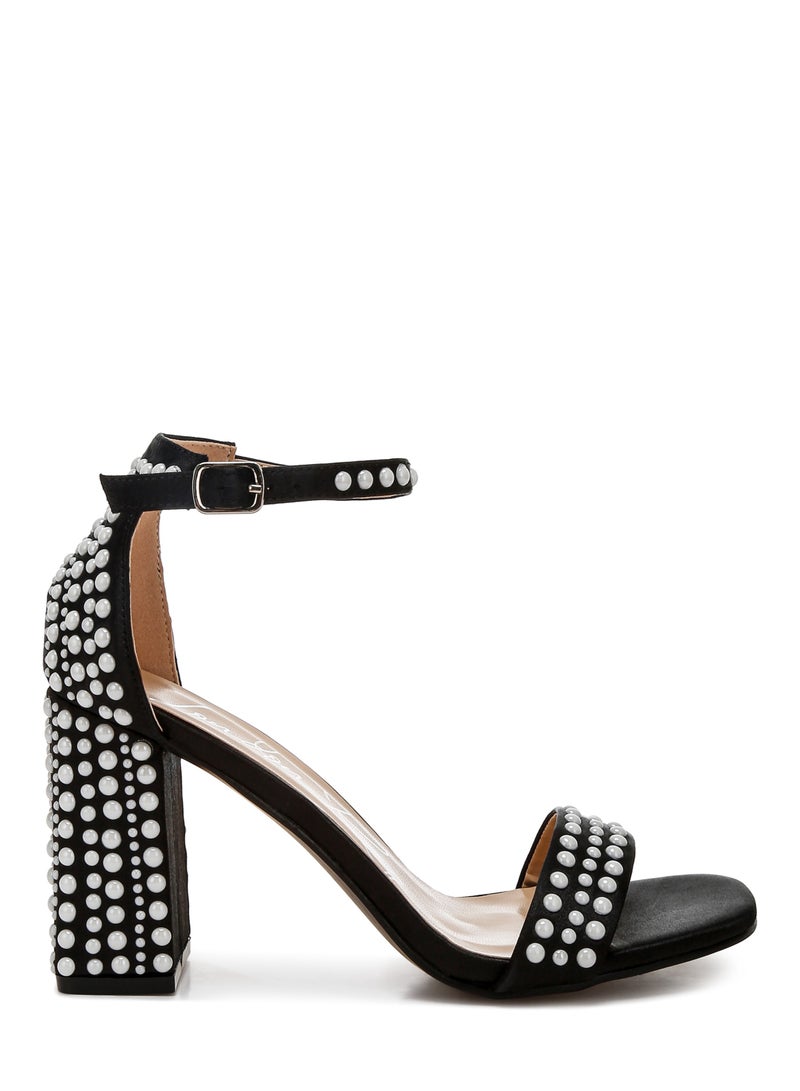 Pearls Embellished Satin Sandals in Black