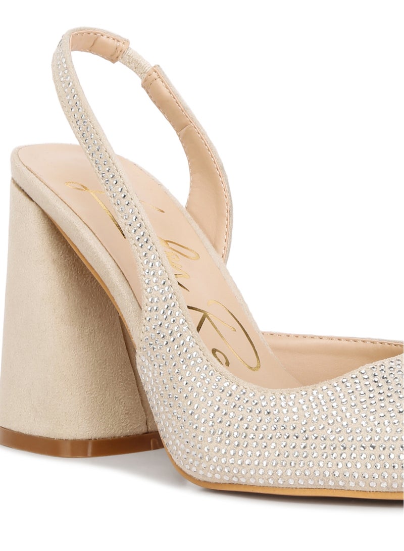 Rhinestone Embellished Suede Heel Sandals in Beige