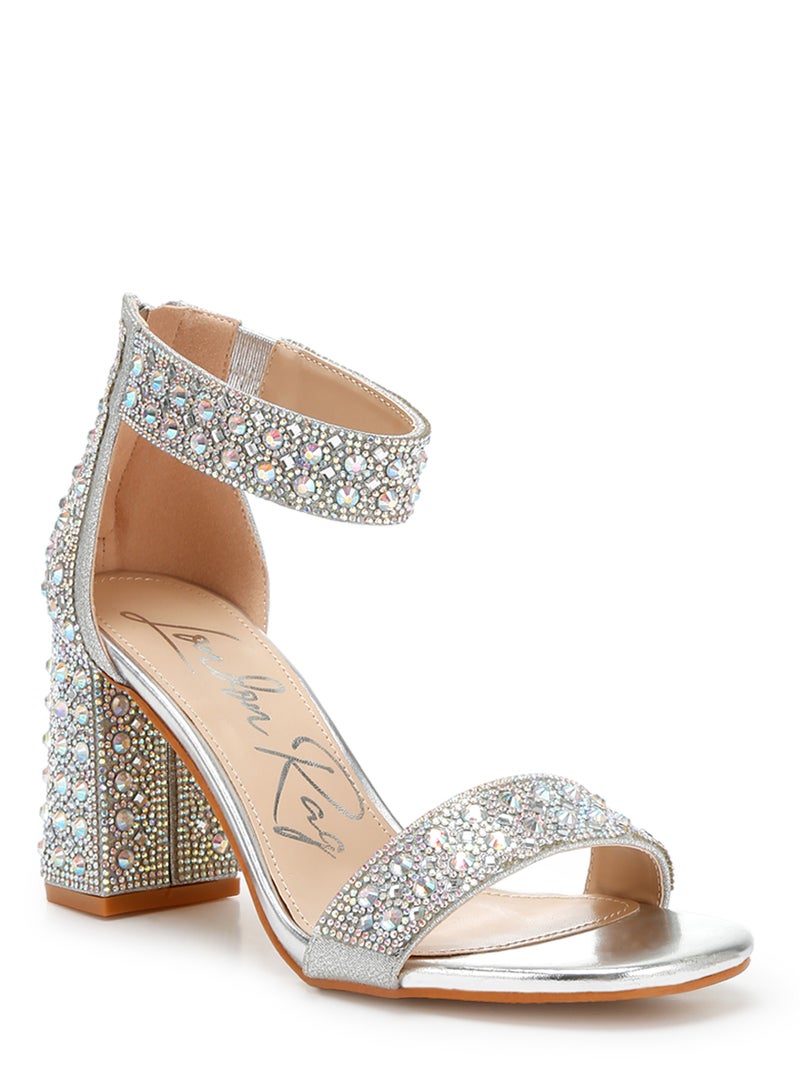 Rhinestones And Sequins Block Sandals in Silver