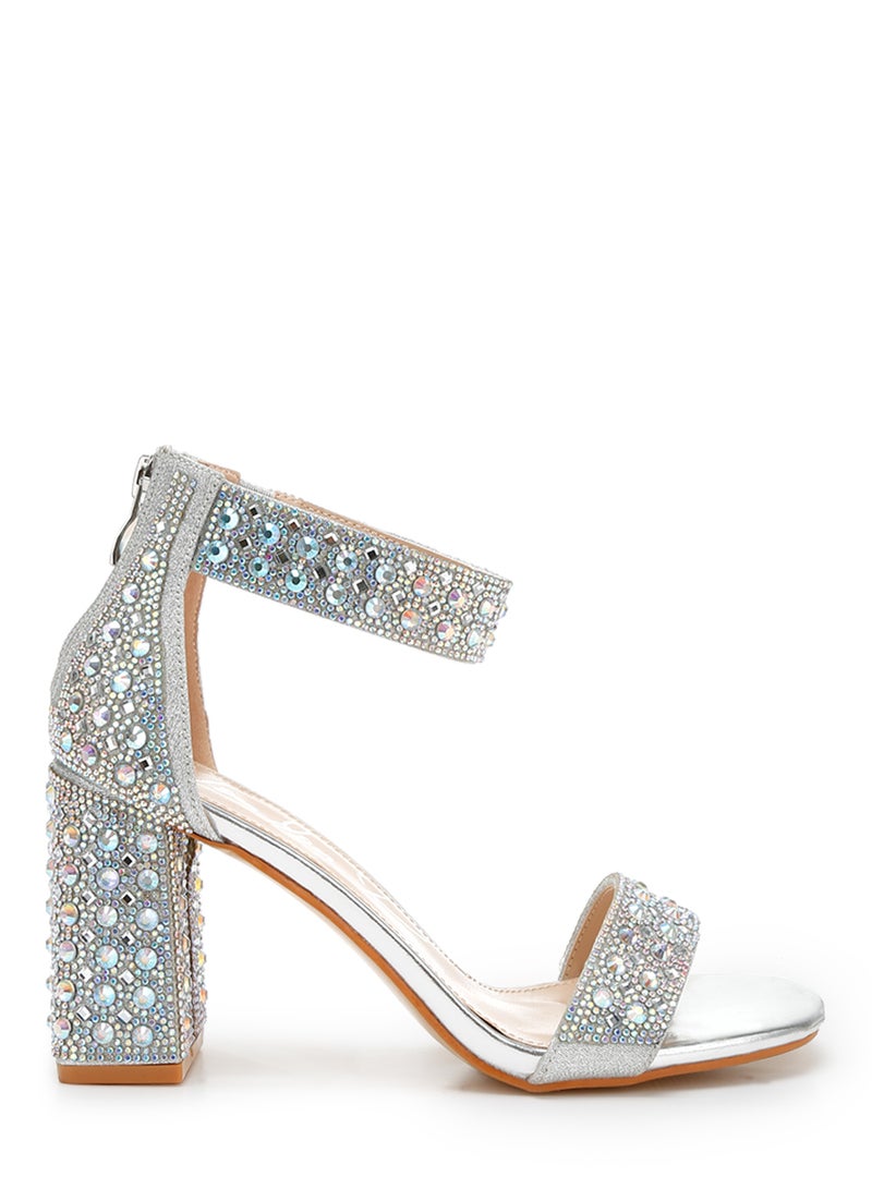 Rhinestones And Sequins Block Sandals in Silver