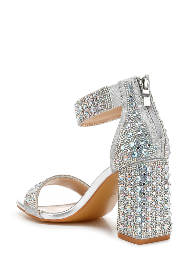 Rhinestones And Sequins Block Sandals in Silver