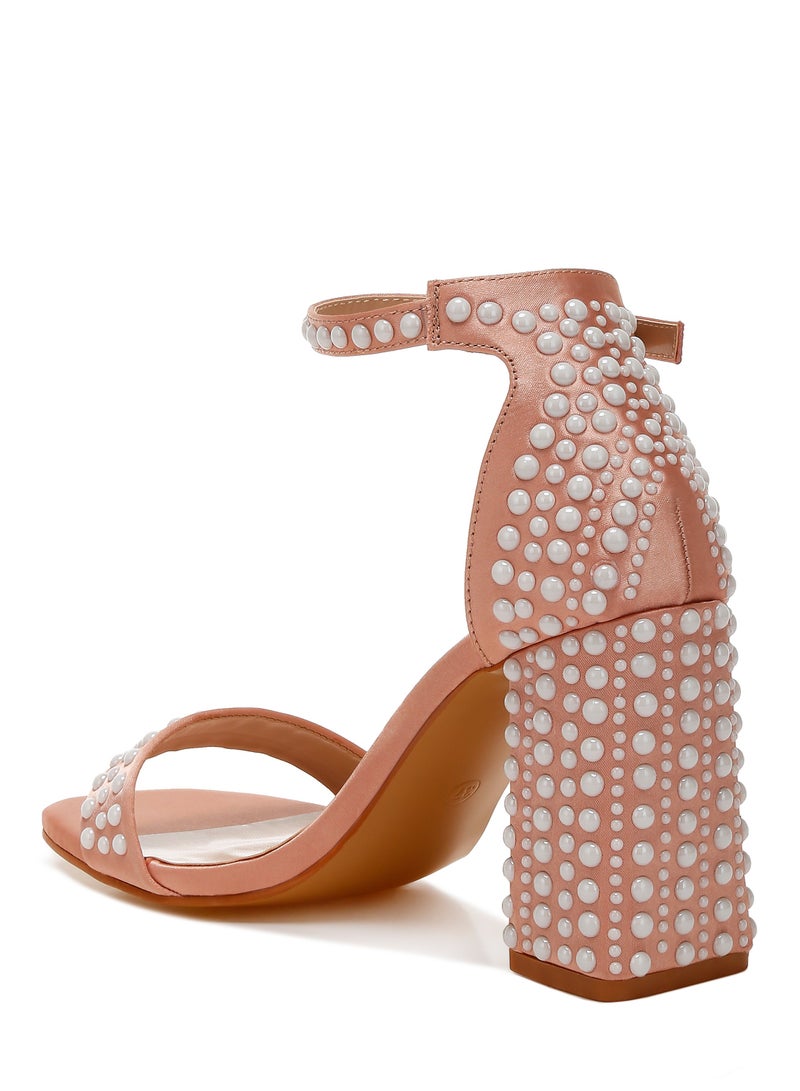 Pearls Embellished Satin Sandals in Rose Gold