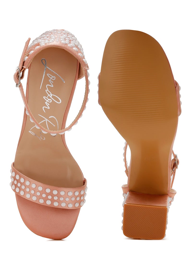 Pearls Embellished Satin Sandals in Rose Gold