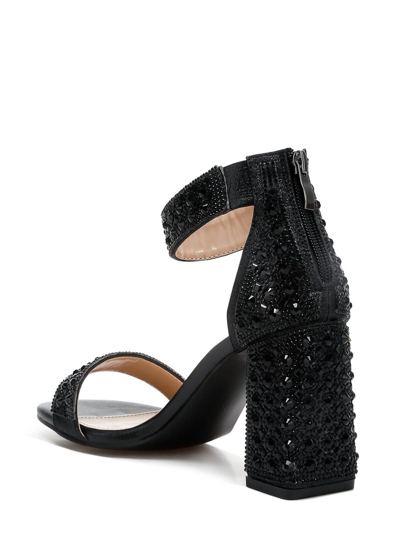 Rhinestones And Sequins Block Sandals in Black