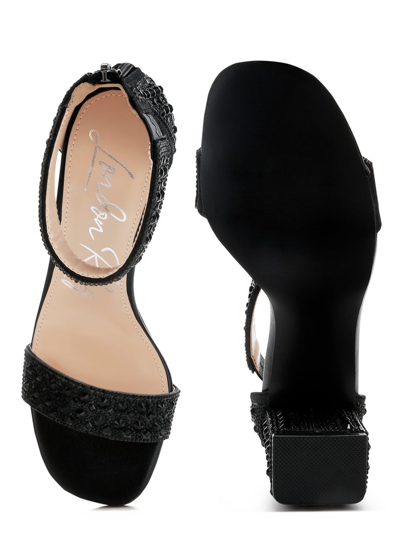 Rhinestones And Sequins Block Sandals in Black