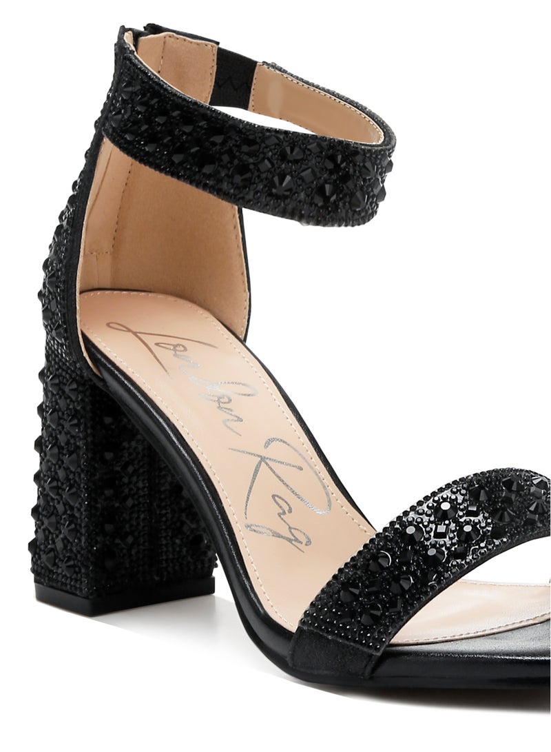 Rhinestones And Sequins Block Sandals in Black