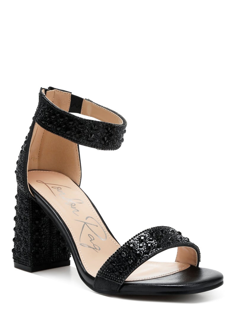 Rhinestones And Sequins Block Sandals in Black