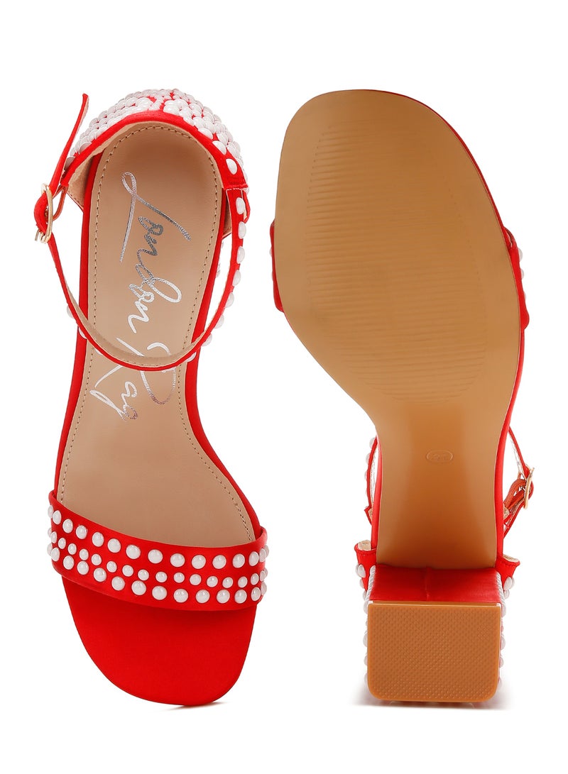 Pearls Embellished Satin Sandals in Red