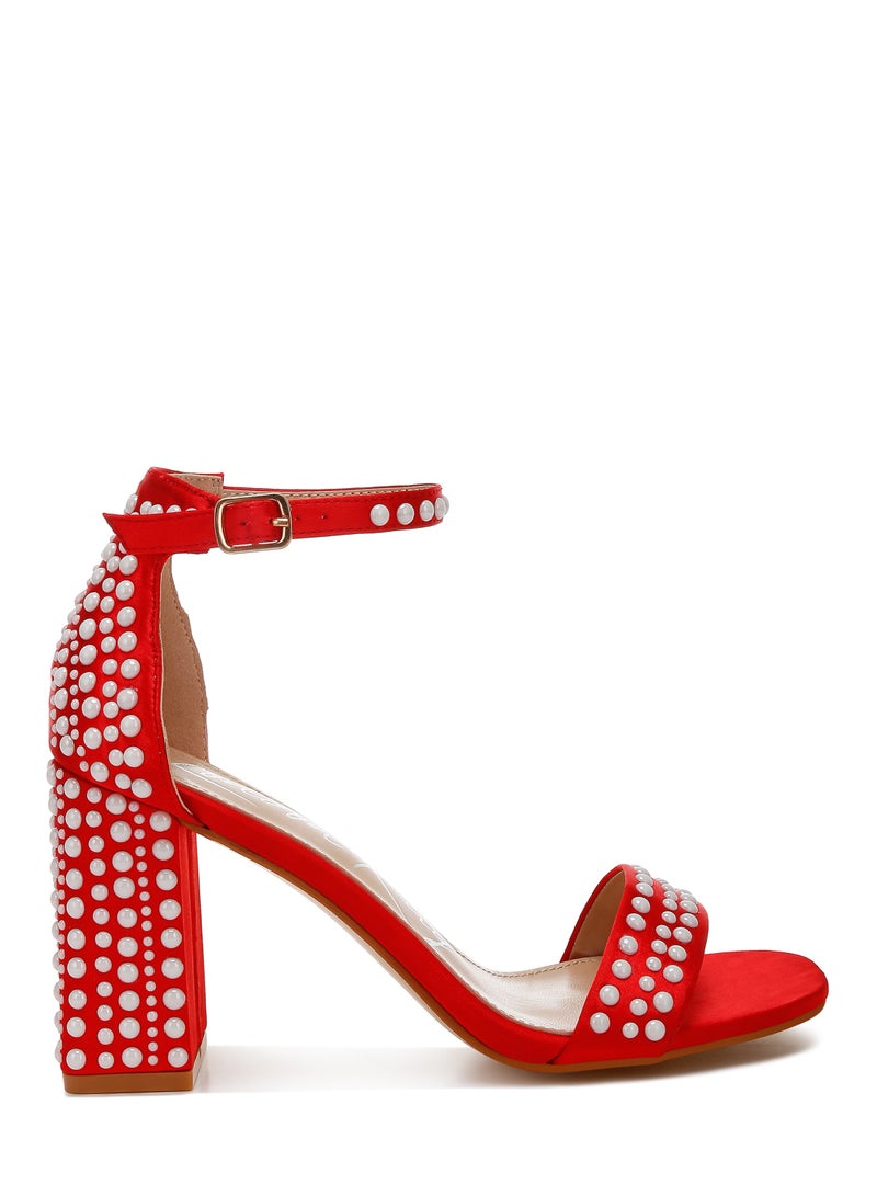 Pearls Embellished Satin Sandals in Red