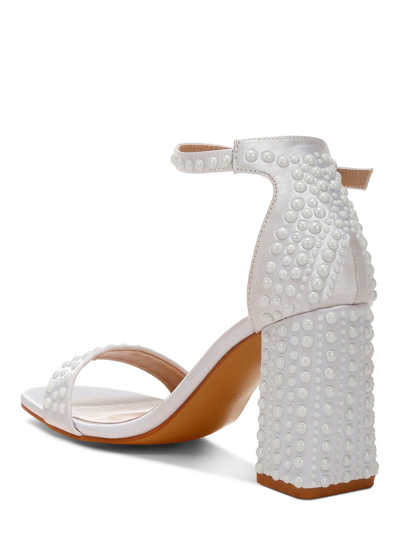 Pearls Embellished Satin Sandals in Off White