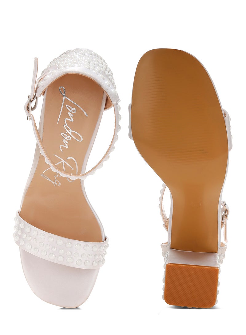 Pearls Embellished Satin Sandals in Off White