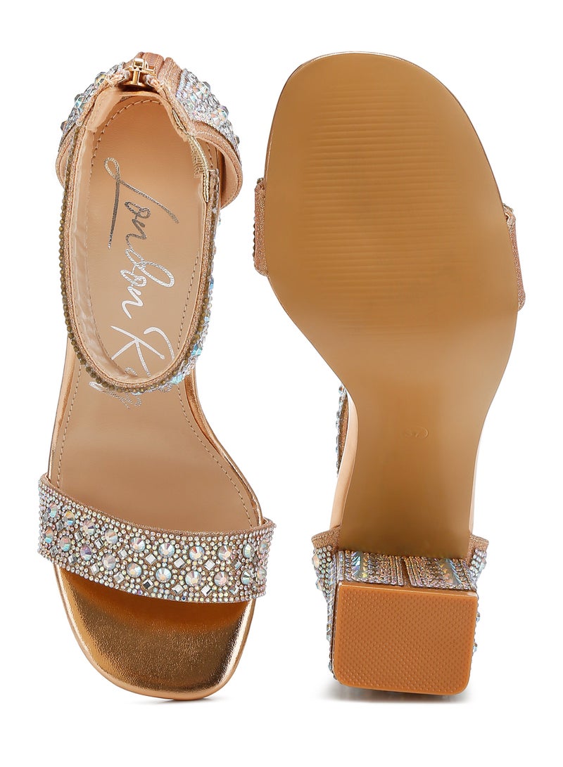 Rhinestones And Sequins Block Sandals in Rose Gold