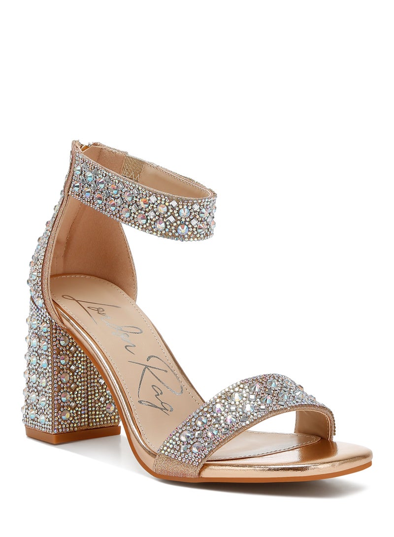 Rhinestones And Sequins Block Sandals in Rose Gold