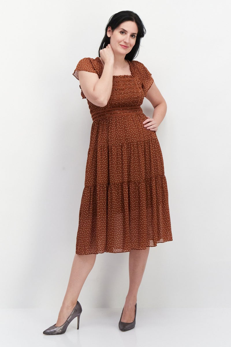 Women All Over Printed Midi Dress, Brown Combo