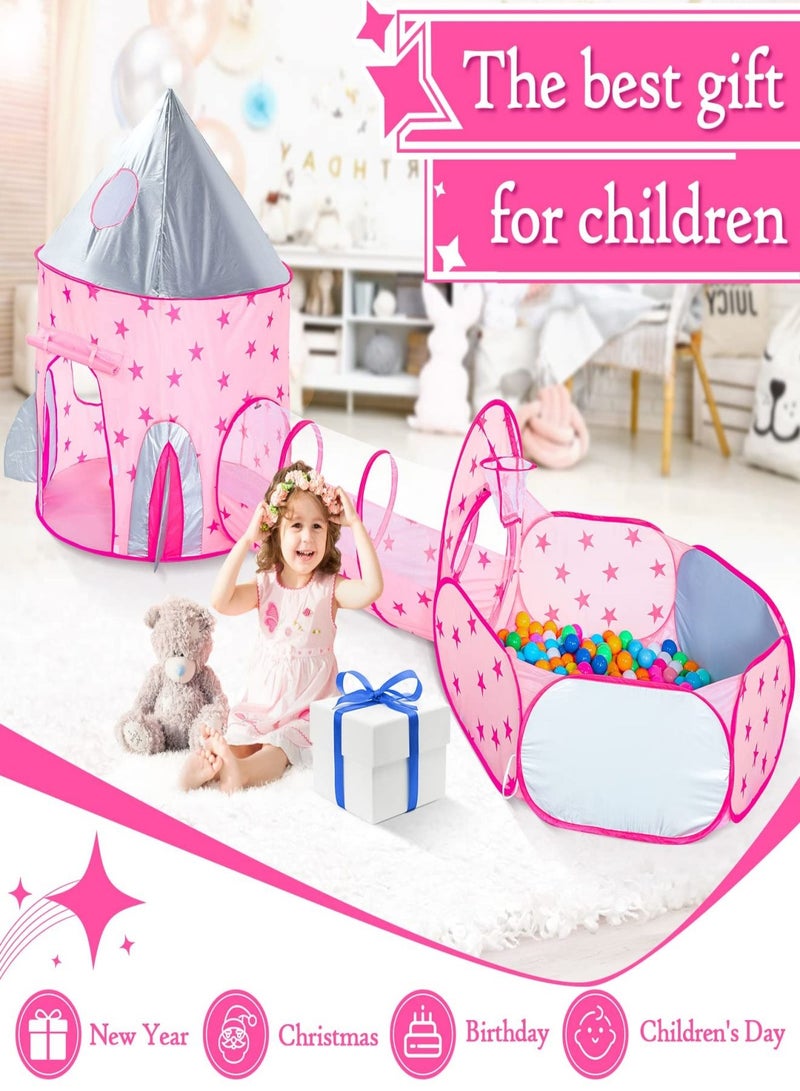 3PC Princess Tent for Girls with Kids Ball Pit, Kids Play Tents and Crawl Tunnel for Toddlers, Pink Pop Up Playhouse Toys for Baby Indoor& Outdoor Tent Games, Birthday Kid’s Gifts