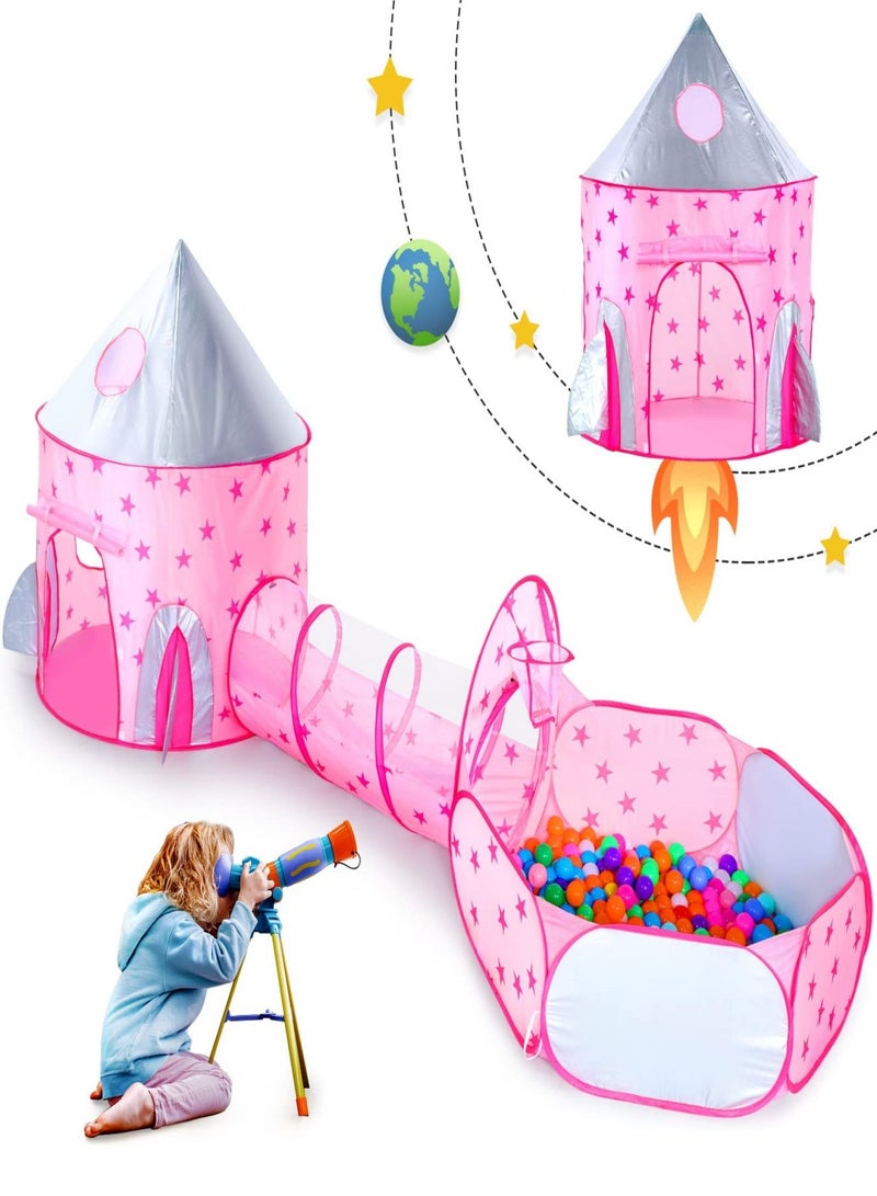 3PC Princess Tent for Girls with Kids Ball Pit, Kids Play Tents and Crawl Tunnel for Toddlers, Pink Pop Up Playhouse Toys for Baby Indoor& Outdoor Tent Games, Birthday Kid’s Gifts