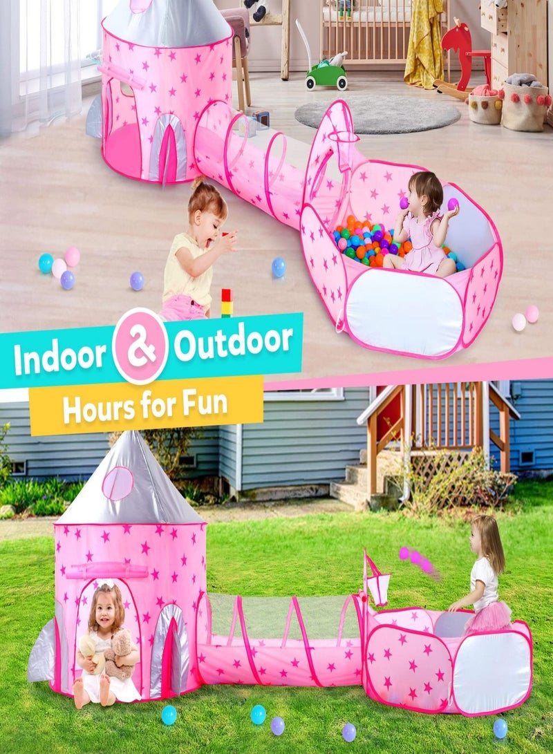 3PC Princess Tent for Girls with Kids Ball Pit, Kids Play Tents and Crawl Tunnel for Toddlers, Pink Pop Up Playhouse Toys for Baby Indoor& Outdoor Tent Games, Birthday Kid’s Gifts