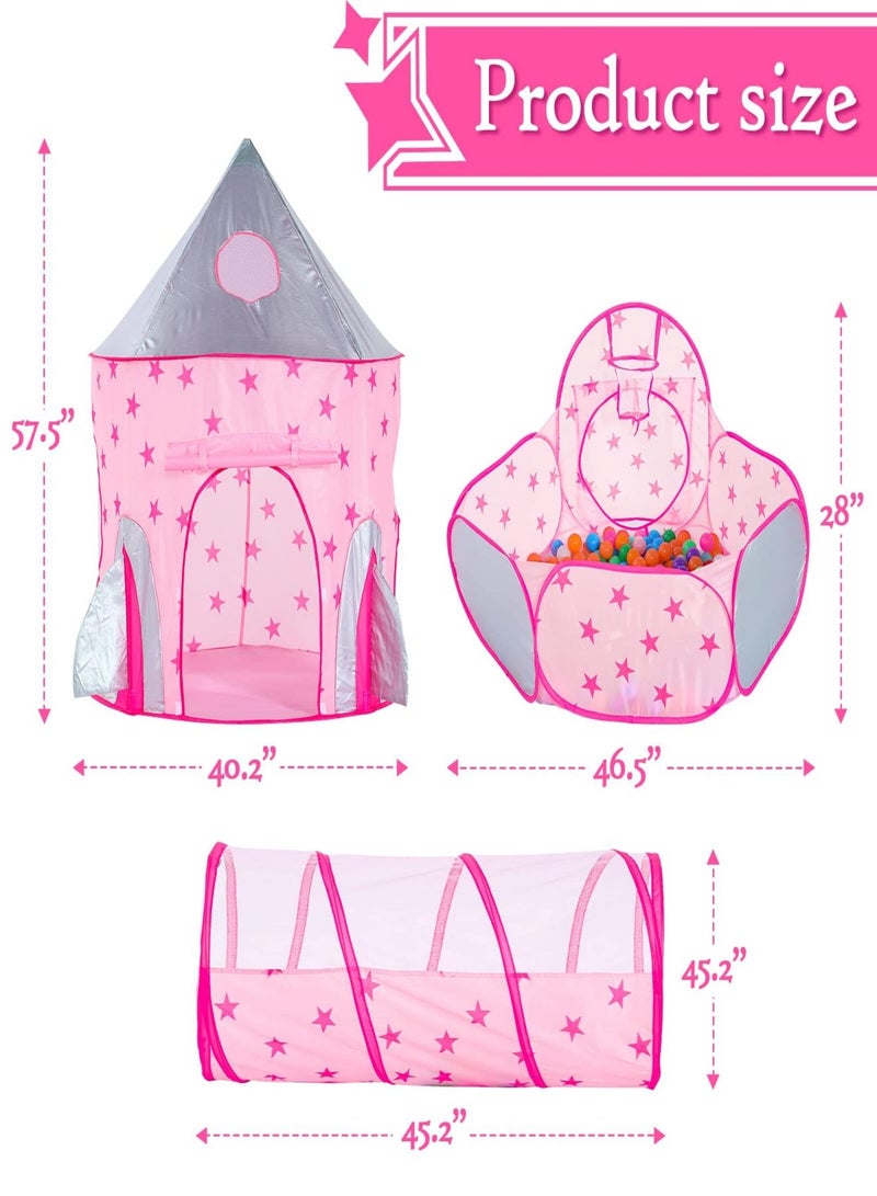 3PC Princess Tent for Girls with Kids Ball Pit, Kids Play Tents and Crawl Tunnel for Toddlers, Pink Pop Up Playhouse Toys for Baby Indoor& Outdoor Tent Games, Birthday Kid’s Gifts