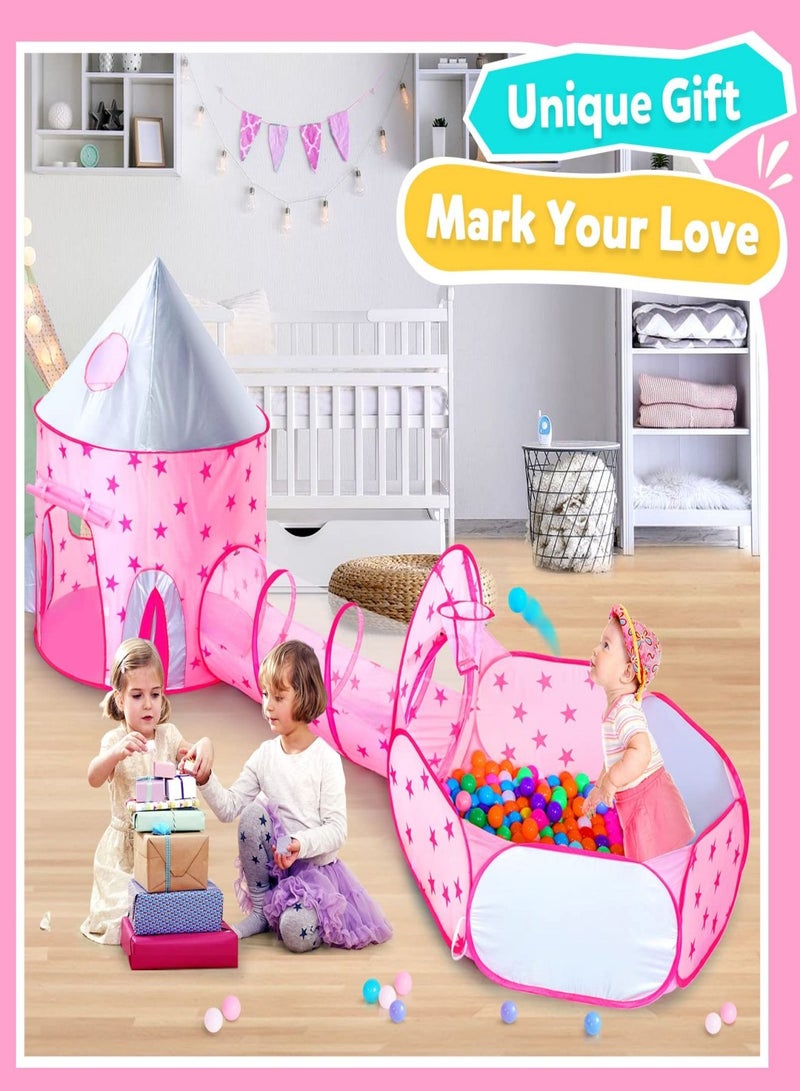 3PC Princess Tent for Girls with Kids Ball Pit, Kids Play Tents and Crawl Tunnel for Toddlers, Pink Pop Up Playhouse Toys for Baby Indoor& Outdoor Tent Games, Birthday Kid’s Gifts