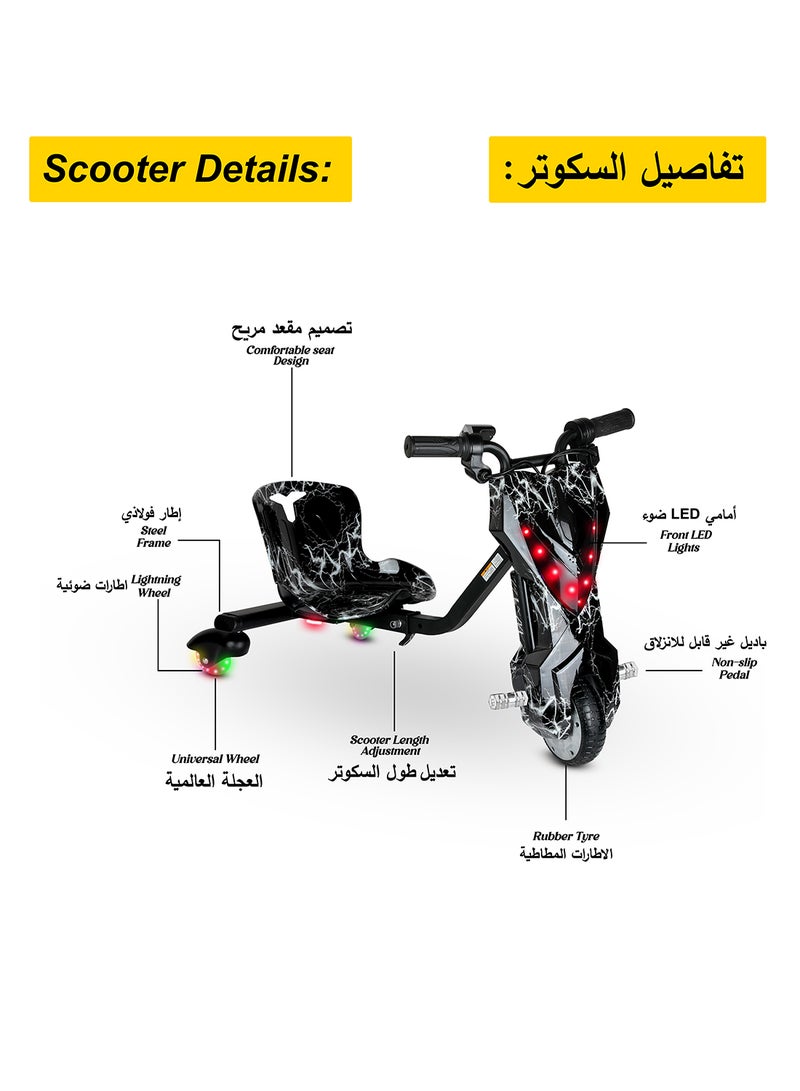 Mini 36V High-Power 360° Electric Stunt Drifting Scooter For Kids & Adults - Adjustable Body With Bluetooth & Protective Gear, 3 Speed Modes, 250W Brushless Motor, 8-15 Km/H With 80 Kg Load, Age 6+ Noon Exclusive Series - Electric Black & White