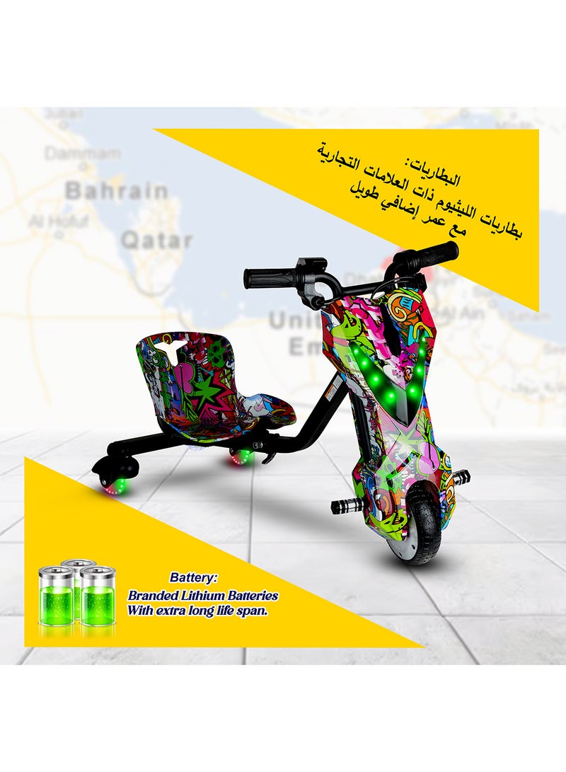 Mini 36V High-Power 360° Electric Stunt Drifting Scooter For Kids & Adults - Adjustable Body With Bluetooth & Protective Gear, 3 Speed Modes, 250W Brushless Motor, 8-15 Km/H With 80 Kg Load, Age 6+ Noon Exclusive Series - Multicolor Grafitti