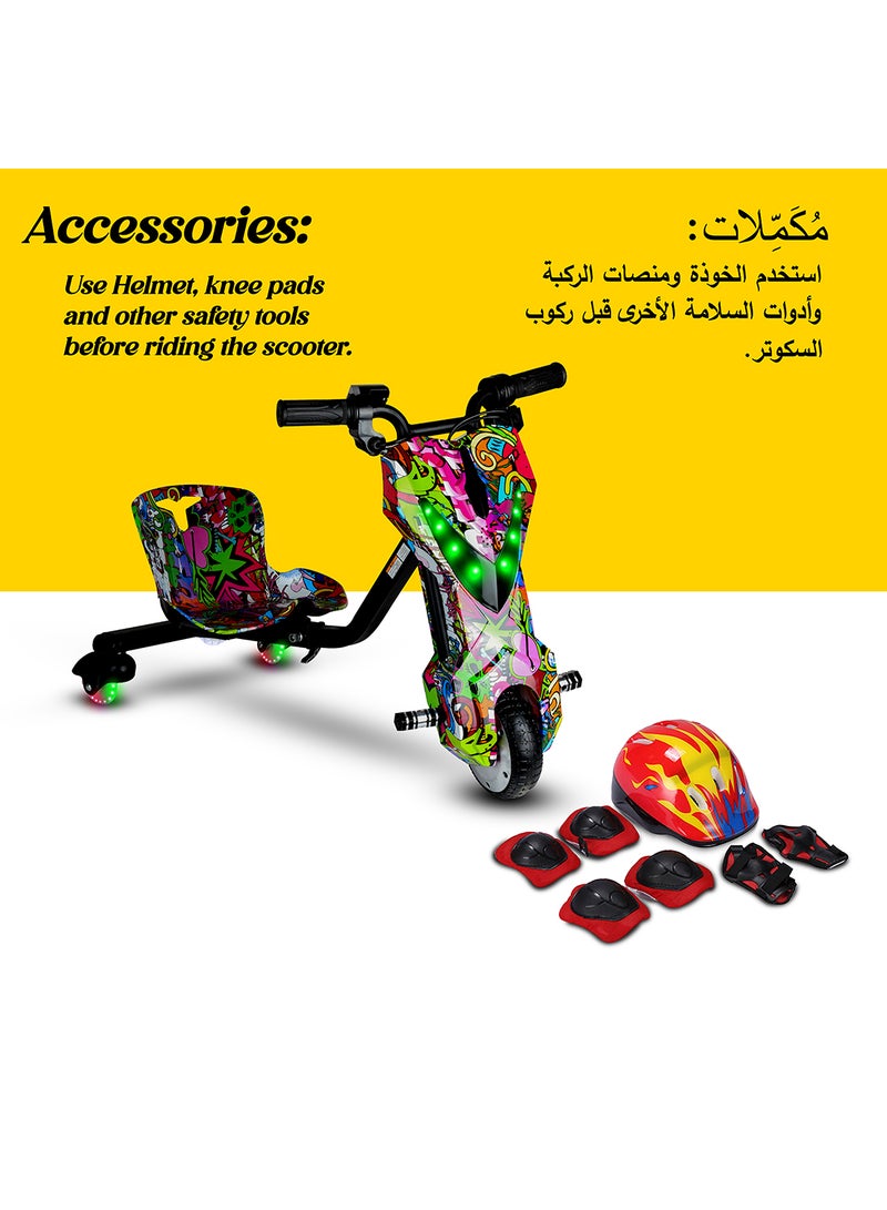 Mini 36V High-Power 360° Electric Stunt Drifting Scooter For Kids & Adults - Adjustable Body With Bluetooth & Protective Gear, 3 Speed Modes, 250W Brushless Motor, 8-15 Km/H With 80 Kg Load, Age 6+ Noon Exclusive Series - Multicolor Grafitti