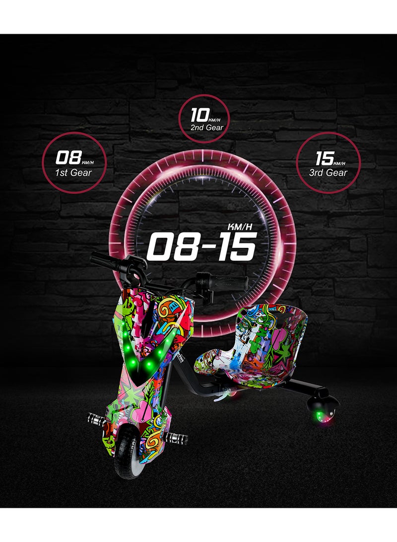 Mini 36V High-Power 360° Electric Stunt Drifting Scooter For Kids & Adults - Adjustable Body With Bluetooth & Protective Gear, 3 Speed Modes, 250W Brushless Motor, 8-15 Km/H With 80 Kg Load, Age 6+ Noon Exclusive Series - Multicolor Grafitti